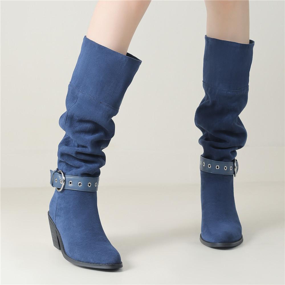 Fashion New Solid Color Comfortable Fashion Knee-high Fashion Ankle Strap Buckle Boots Round Head Square Heels Increase Winter High Boot