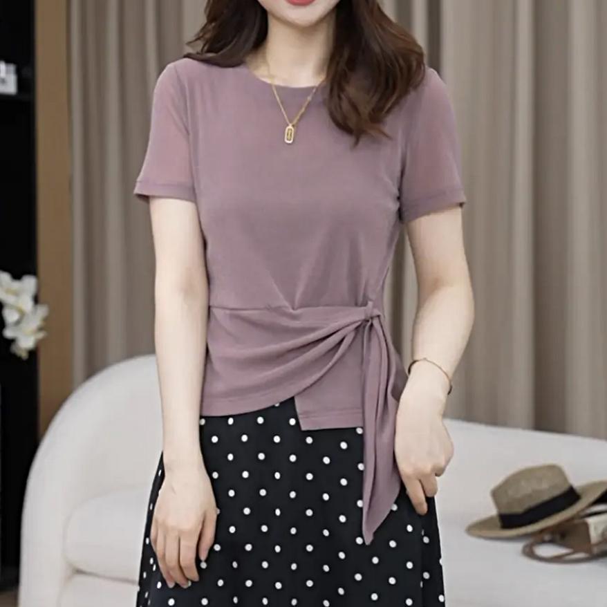 European big-name high-end blue round neck irregular lace-up short sleeve 1116 summer new loose top women's trend