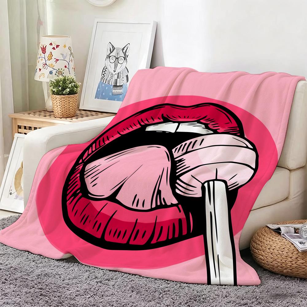 Artistic P-Pop Art Lips with Strawberry Throw Lightweight 240g Flannel Blanket Soft Skin-friendly for Summer Cooling