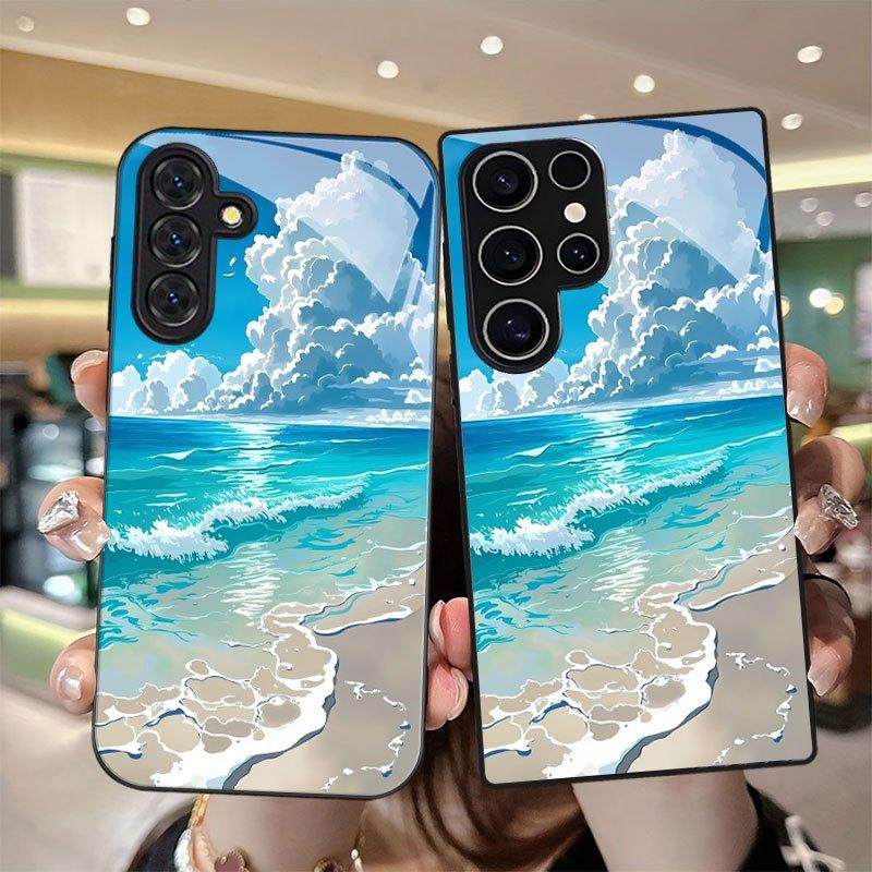 Blue Wave Cloud Pattern Tempered Glass Phone Case for Samsung Galaxy S26 S25 S24 S23 S22 S20 Fe/plus/ultra Anti Drop