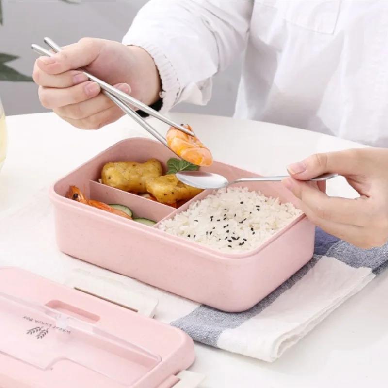Microwave Lunch Box with Spoon Chopsticks Wheat Straw Dinnerware Food Storage Container Children Kids School Office Bento Box