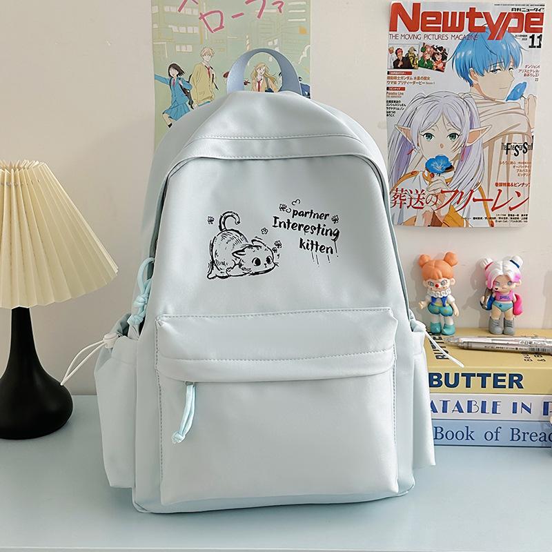 Schoolbag Korean Version Small Fresh Schoolbag Female Junior High School High School Student Printed Kitten College Student Backpack Ins Simple Back
