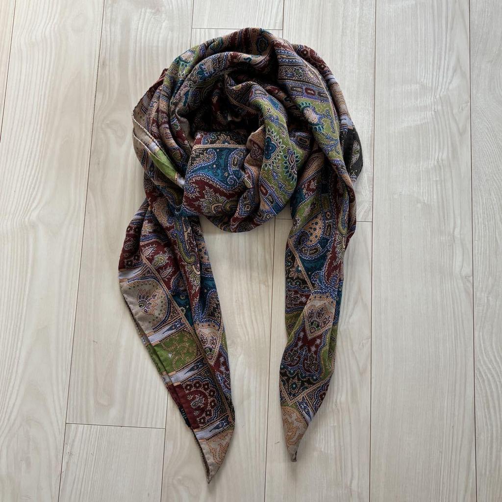 Used ETRO Etro Large Scarf Blue Brown Green Scarf Paisley Purple Silk Paisley Pattern