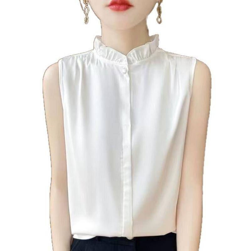 Women White Sleeveless Blouse With Ruffled Mandarin Collar And Button Front Casual Office Top M белый