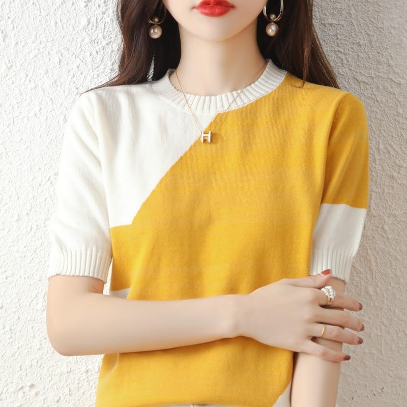 

Round Neck Cotton Thread Short-sleeved T-shirt for Women, Knitted Base Shirt, Summer New Loose Color Blocking Half-sleeved Short Top for Women XXL