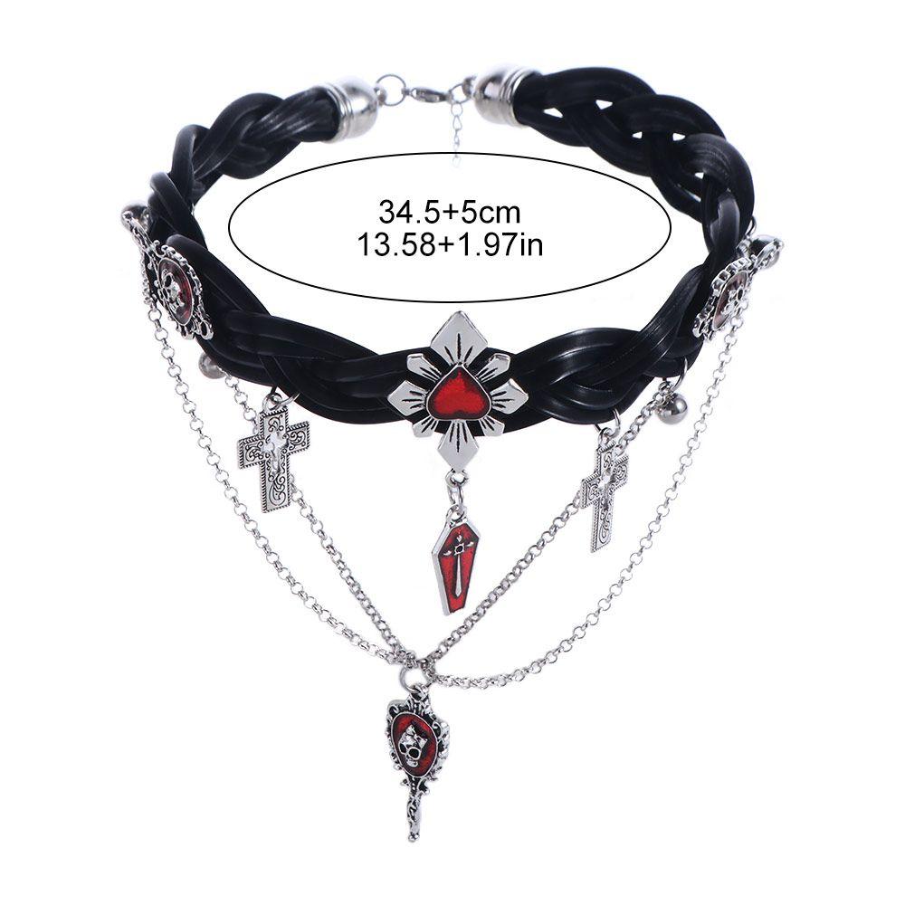 Punk Corss Halloween Skull Choker Skeleton Red Y2K Leather Necklace Gothic Imitation Pearl Tassel Beaded Necklace Unisex