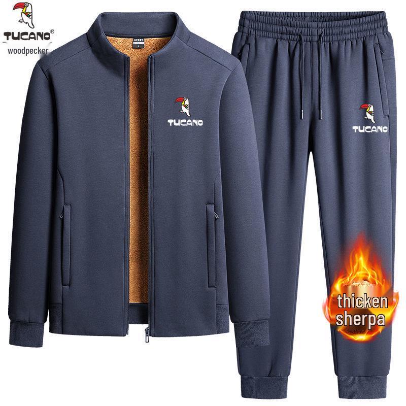 Woodpecker Men's Winter Lambswool Tracksuit Set - Stand Collar, Fleece-Lined, Loose Fit, Two-Piece
