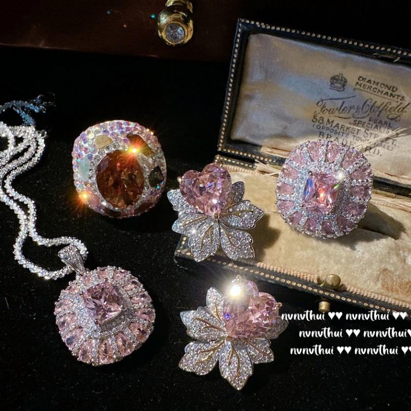 Floral Open Ring Heart Earrings Set Cubic Zirconia Pink Sapphire Tone 18K Gold Plated Womens Vintage Jewelry