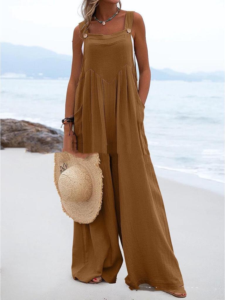 2024 Women's Ethnic Style Sleeveless Wide-Leg Button Jumpsuit