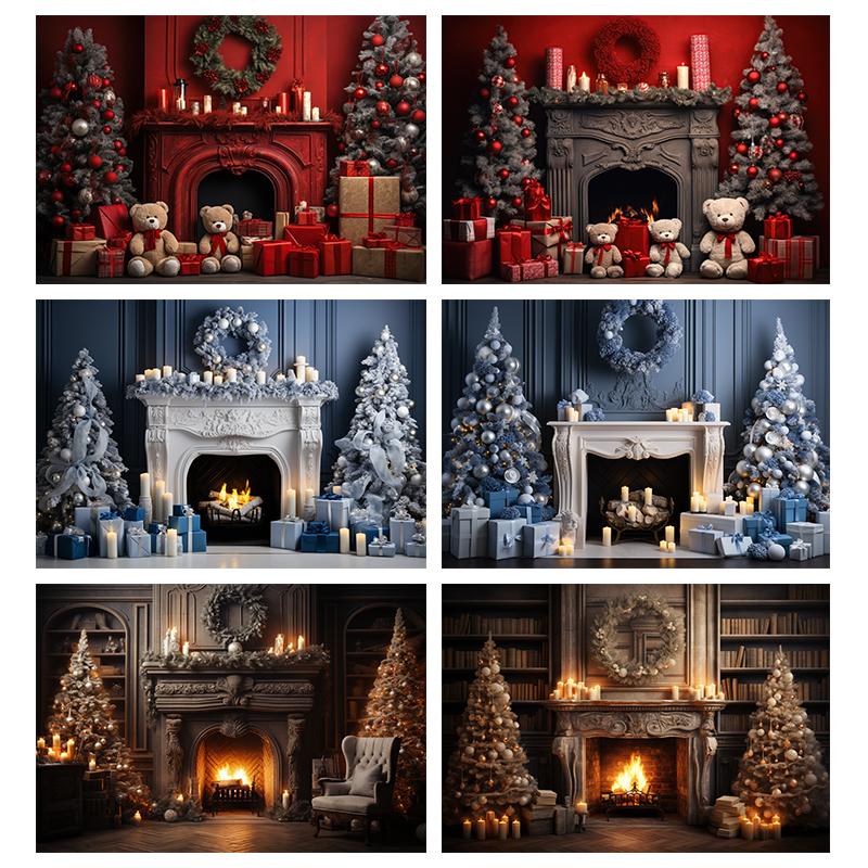 Mocsicka Christmas Photography Background Xmas Tree Fireplace Wall Decors Family Baby Children Portrait Photo Backdrop Wallpaper