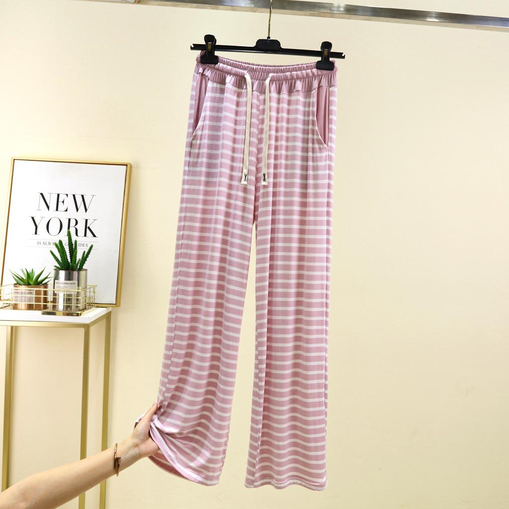 Women Modal Striped Wide Leg Pants Thin Loose Straight Trousers With Pockets High Drape Casual Sleepwear Pants Plus Size Summer Loungewear