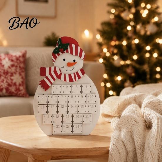 Wooden Storage Drawers Santa Snowman Advent Calendar, 24-Day Countdown Box with Decorative Calendar Numbered Drawers, Christmas Tabletop Decor, Candy