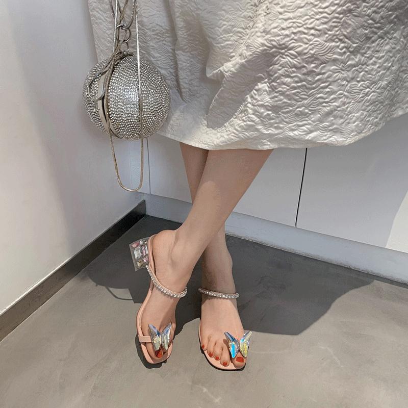 Fashion Sexy Slippers Women's Summer Outdoor 2024 New Thick-heeled Open Toe One-word Sandals High-heeled Rhinestone Roman Slippers Shoes