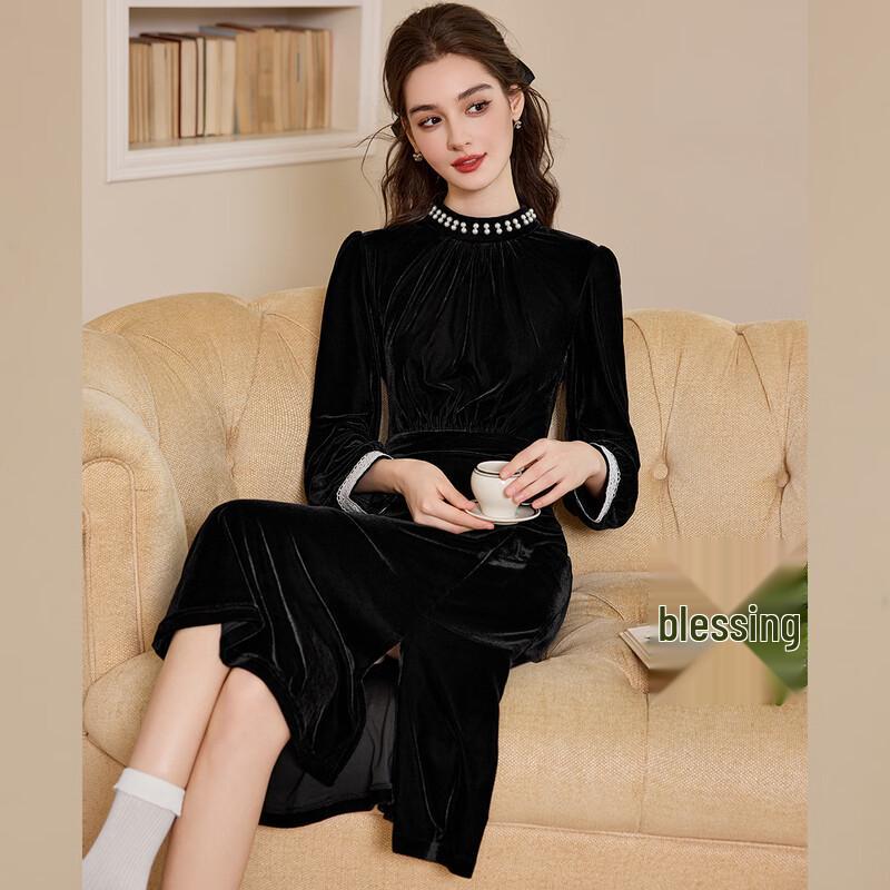 

Элегантное бархатное маленькое черное платье с бисером Bailuyu XL