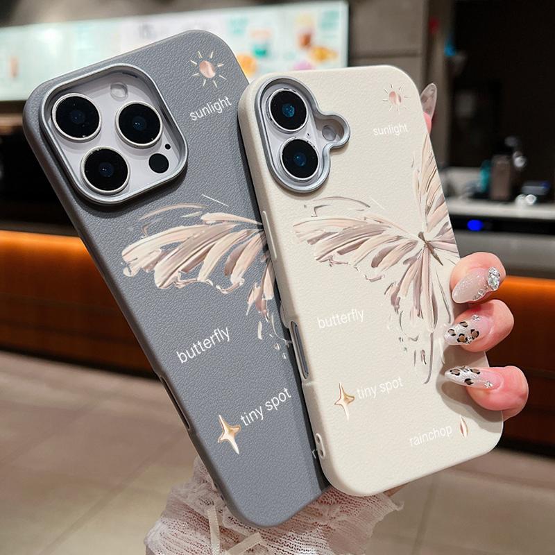 Simple Butterfly Print Shockproof Soft TPU Case For iPhone 16 Pro Max 15 Pro 14 13 12 11 Lens Protection Matte Leather Texture Slim Phone Cover