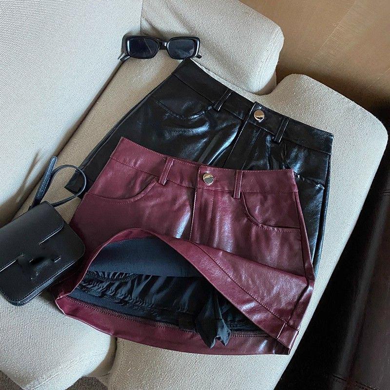 GlowGirl Spódnice ze Skóry PU w Kolorze Wina dla Kobiet Seksowne Ubrania do Klubu Mini Spódniczka Owijana na Biodrach Damska Wiosenna Jesienna Krótkie Spódnice Przeciwodblaskowe
