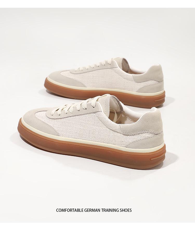 Men's Old Money Style Low-Top Breathable Cowhide Spliced Linen White Skate & Running Shoes