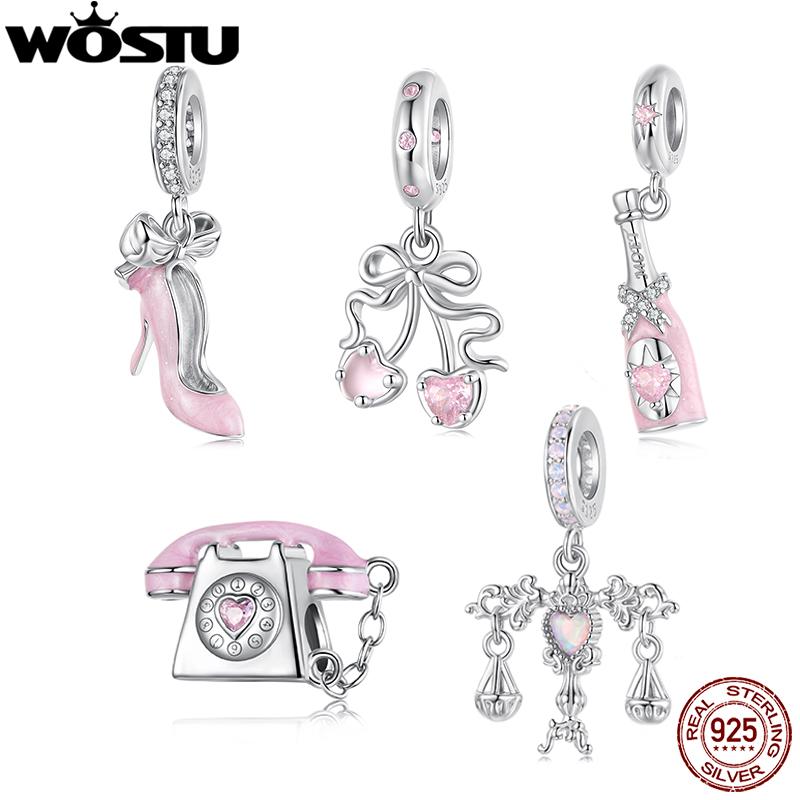 WOSTU 925 Silver Pink High Heel Charm Champagne Pendant Cherry Bead Fit Bracelet Necklace Sweet Girl Birthday DIY Jewelry Gift