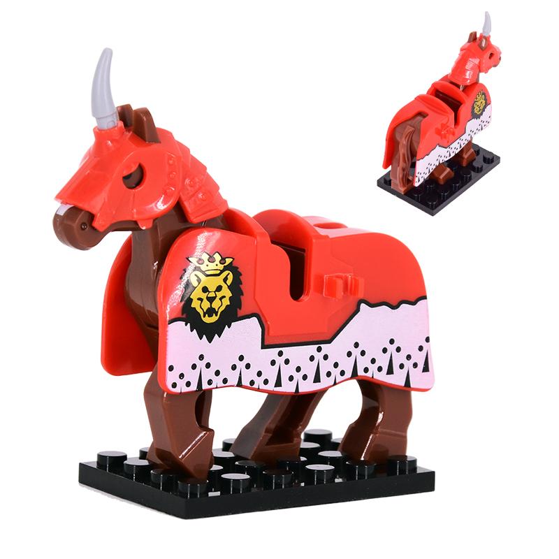 1pcs Medieval Horses Grey Bodies Blue Saddle Blankets White Horse Emblems Yellow Trims Building Block