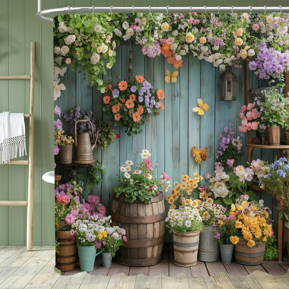 Cortina de Ducha Jardín Sereno - Con Ganchos, Vibrante Natural Rústico Patio y Flores Cortinas de Baño Decoración del Hogar Cortina
