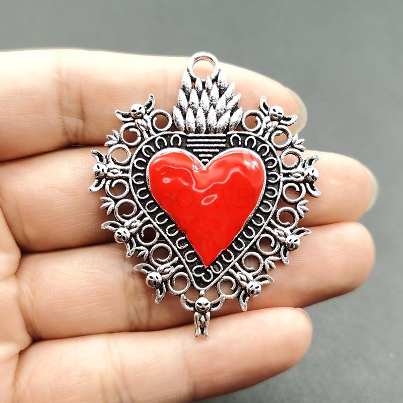 4 pcs Sacred Heart Large Boho Filigree Love Heart Charms Pendants for DIY Jewellery Making Accessories Enameled Sacred Heart