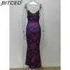 BITCED Spring Women's Fashion: Sensual Printed Strappy Waist-cinching Bodycon Maxi Halter Neck Dress