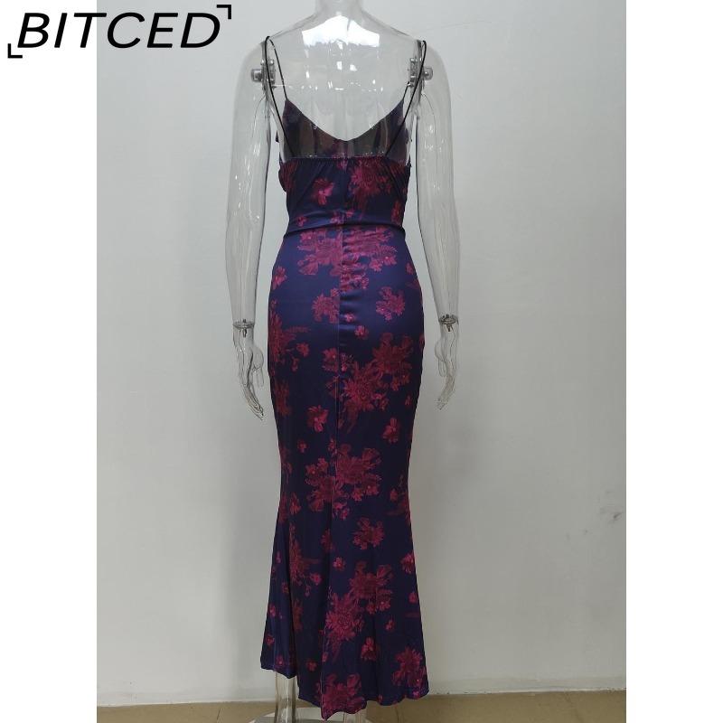 BITCED Spring Women's Fashion: Sensual Printed Strappy Waist-cinching Bodycon Maxi Halter Neck Dress