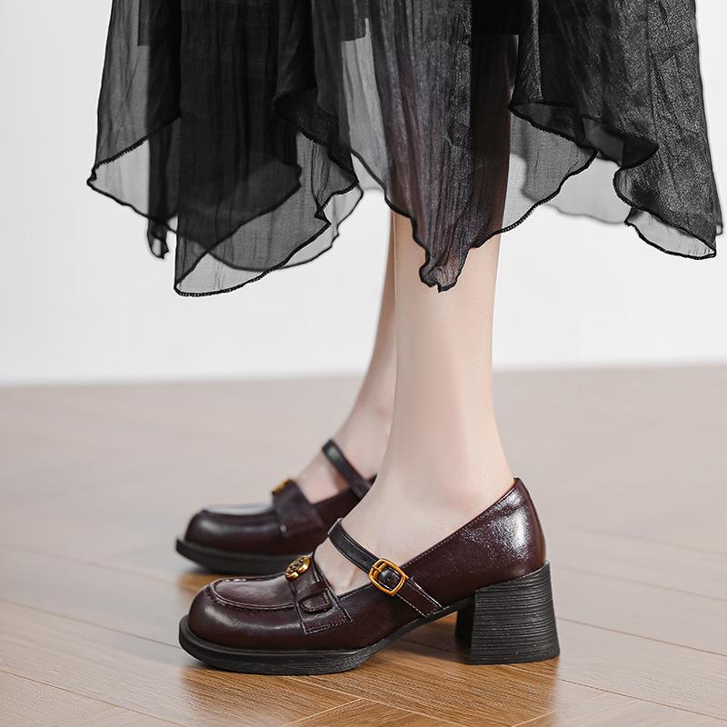 Retro Thick Heel Mary Jane Women's Shoes One-word Buckle with Round Head Loafers High Heel Light Mouth French Camellia Small Leather Shoes