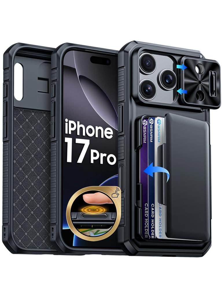 Shockproof Protective Wallet Case with Card Holder, Kickstand and Sliding Camera Cover for iPhone 17 Pro-Orange