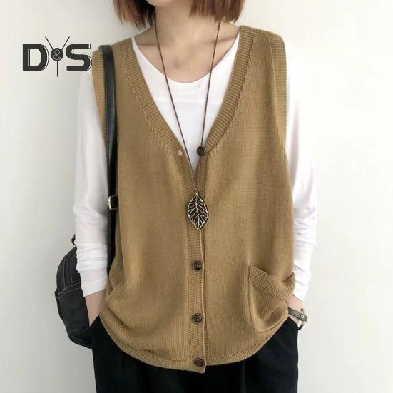 Women Knitting Vest V-Neck Sleeveless Single Breasted Warm Waistcoat Solid Color Loose Fit Knitted Tank Tops with Pockets
