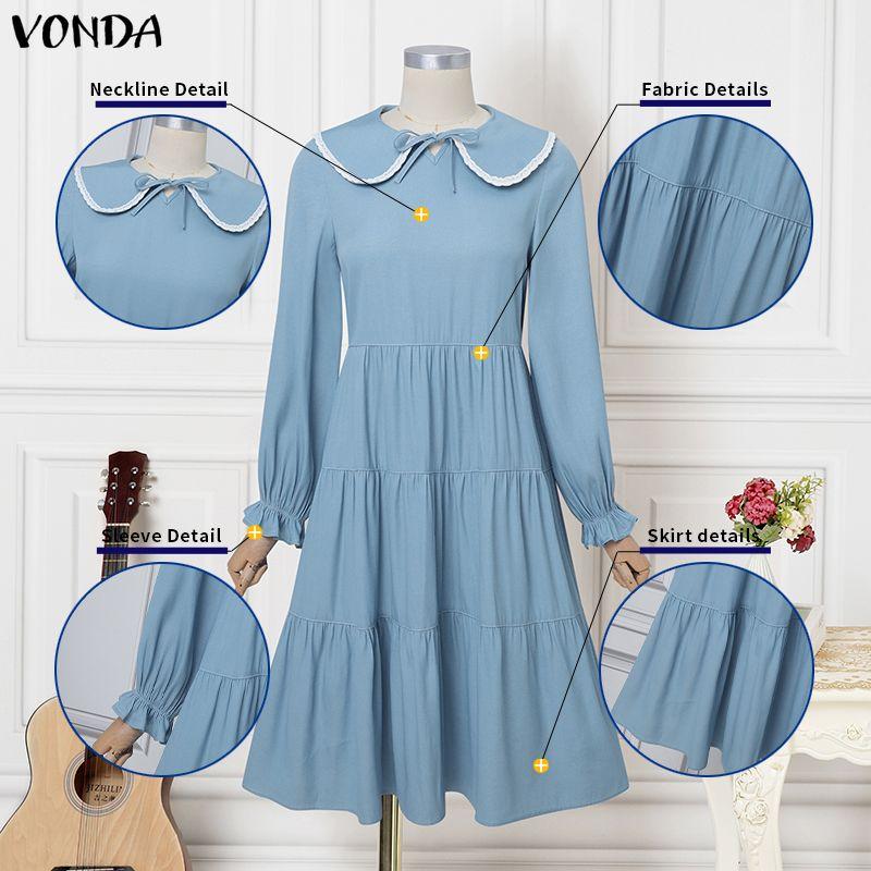 VONDA Women Casual Doll Collar Loose Long Sleeve College Style Dress