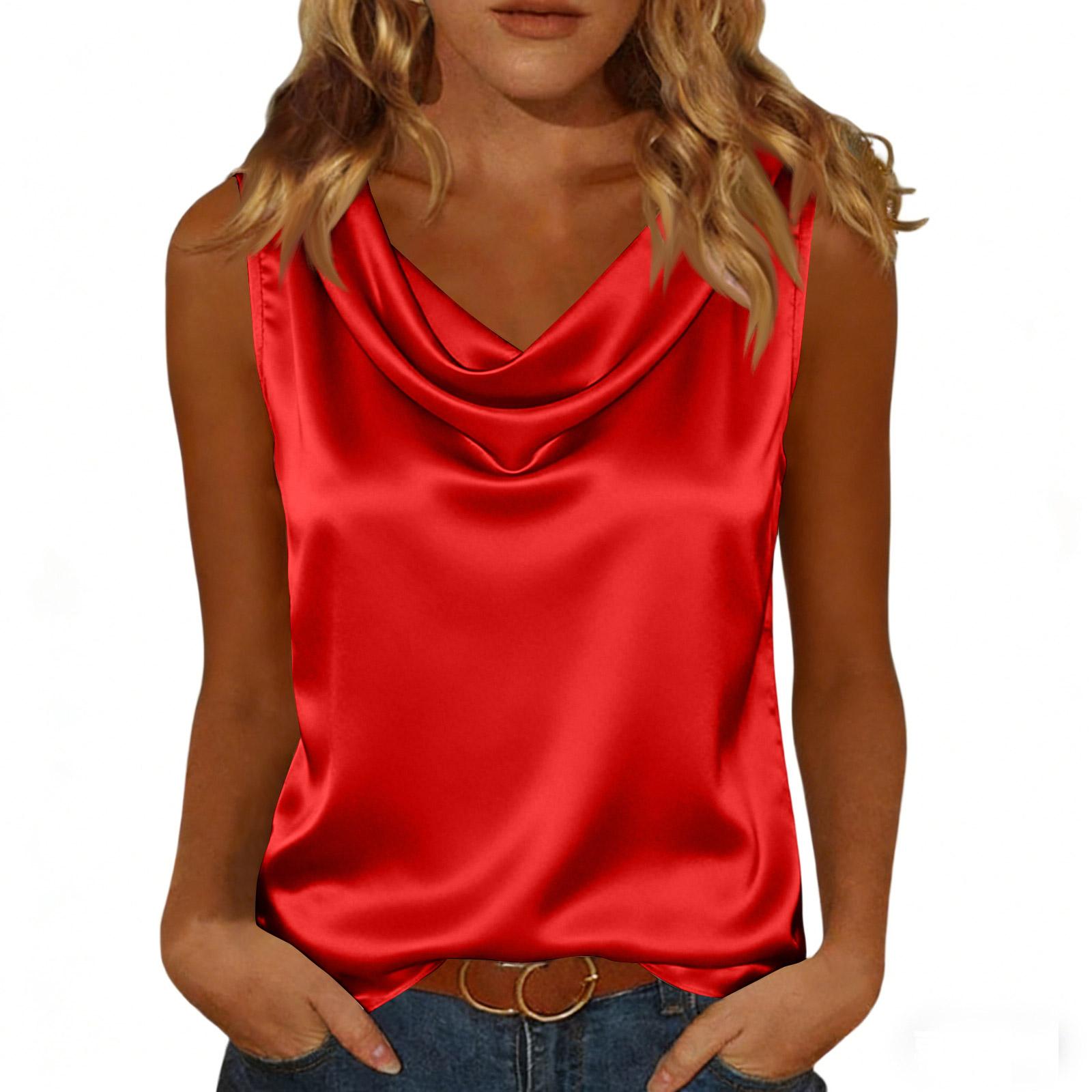 

Women’s Satin Sleeveless Cowl Neck Top Loose Fit Elegant Blouse Soft Lightweight Drape Neckline Shirt for Daily Wear L червоний