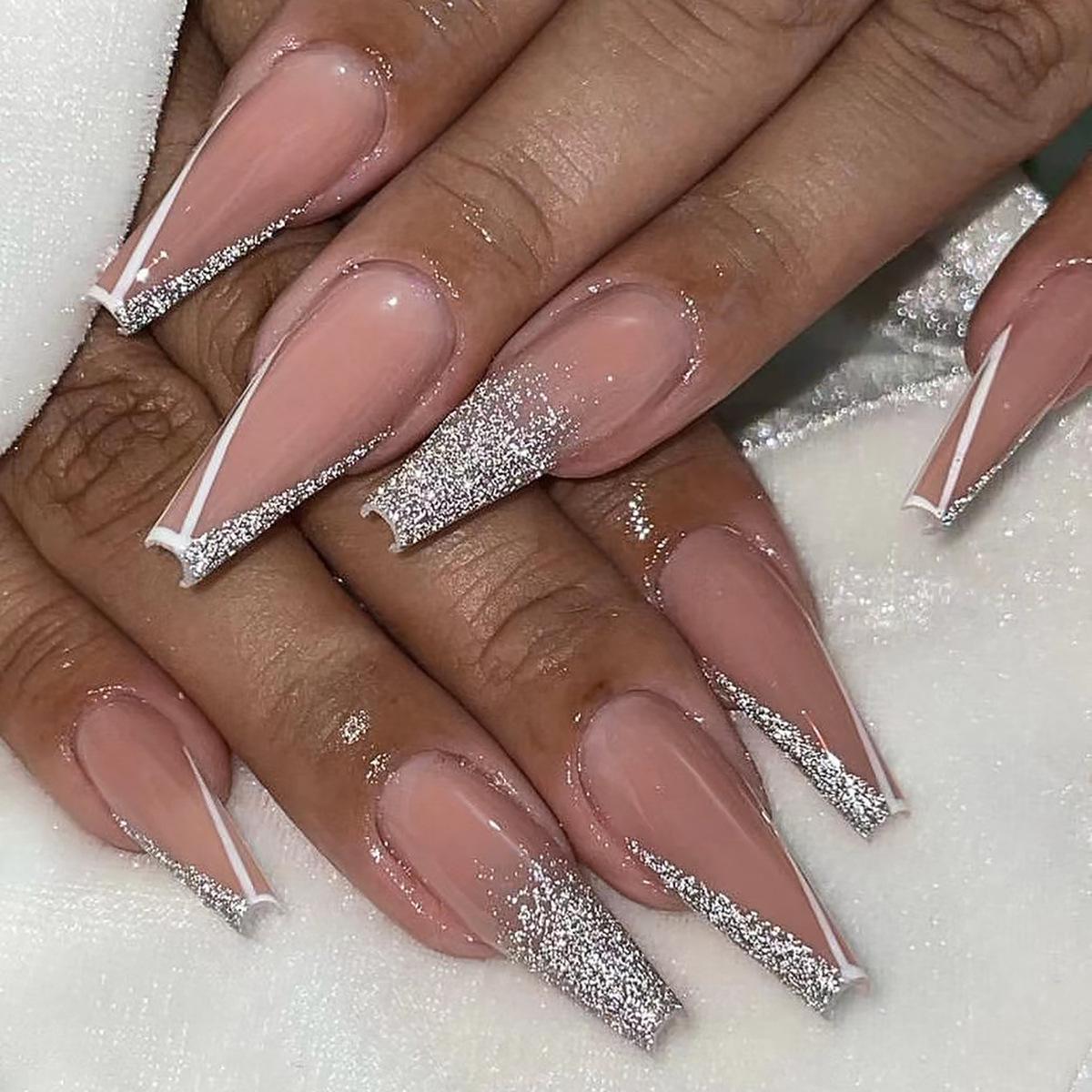 

French White Long Ballet Wearable Glitter Nails - Autumn/Winter Hot Selling Silver Manicure Tips JP3078 [Glue Version]
