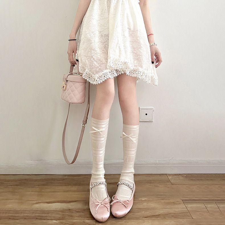 Ice Silk Calf Socks for Women | Summer Sweet Bowknot Slouch Socks - Thin White Lace Ballet-Style Knee-High