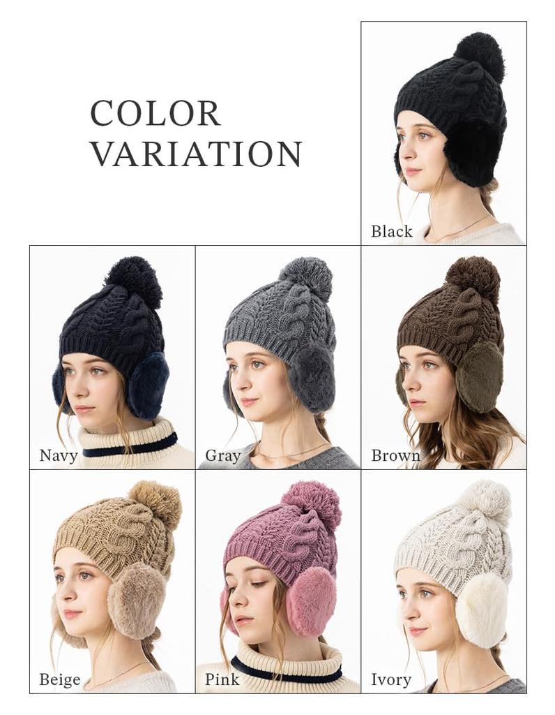 Knit Loose Faux Fur Pompom Heather Plus Knit Cold Weather Free Size Gray Loo&c Women's Hat, Fit, Earmuffs, Knit, Size, Cap, Protection, Autumn/Winter,