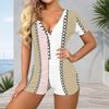 Women Plus Size Paisley Floral Print V Neck Short Sleeve Button Front Short Romper