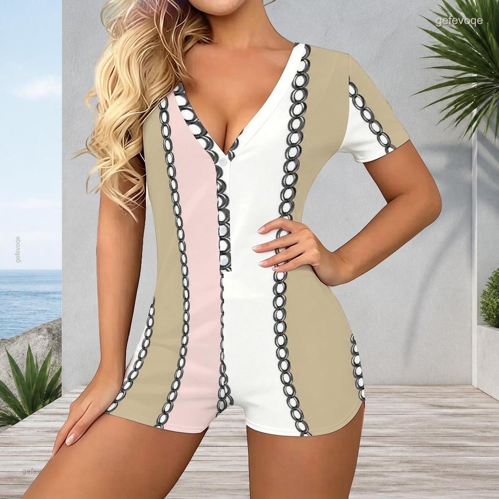 Women Plus Size Paisley Floral Print V Neck Short Sleeve Button Front Short Romper