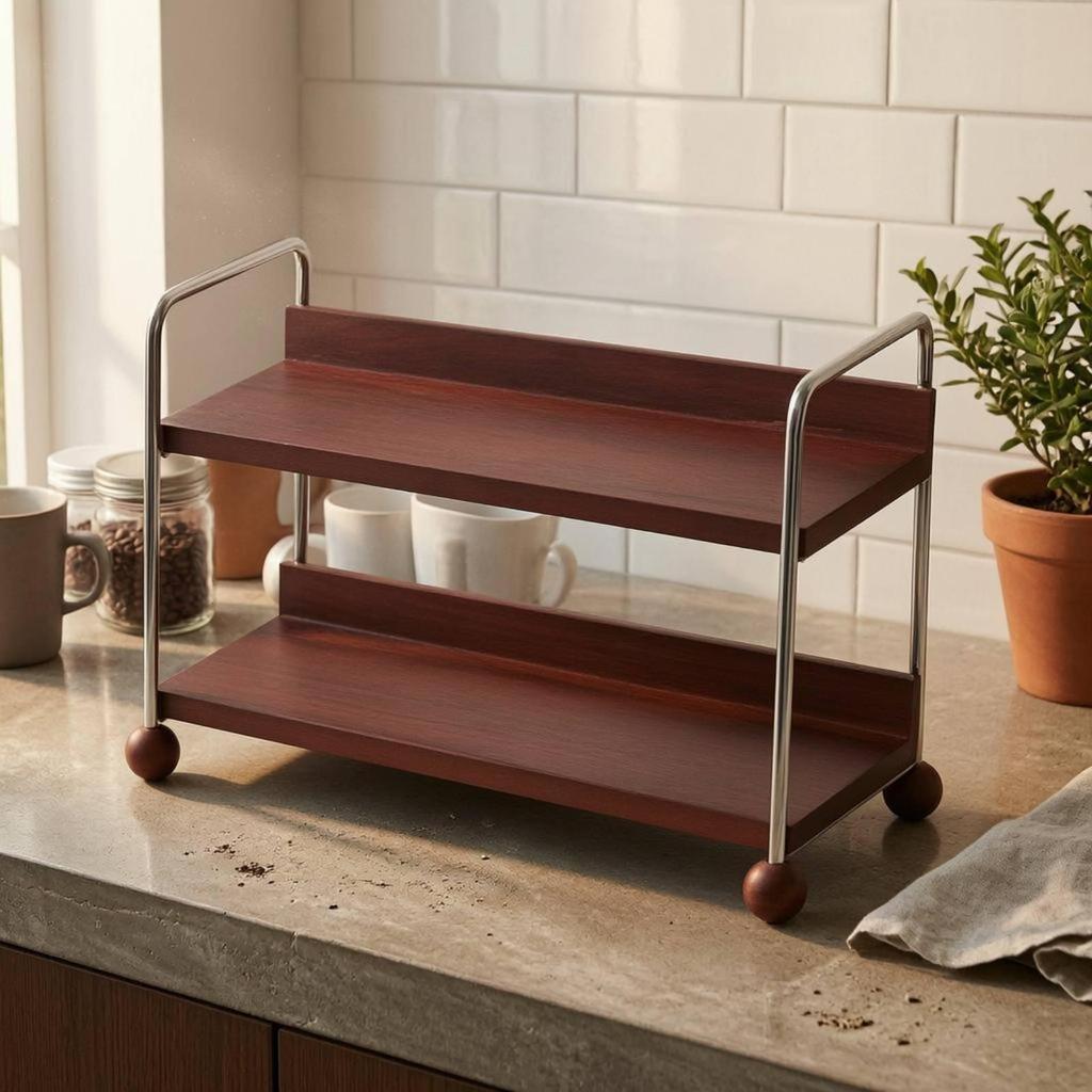 TwoTier Mug Rack Raised Rails Wood and Steel Cup Organizer Wooden Countertop Shelf