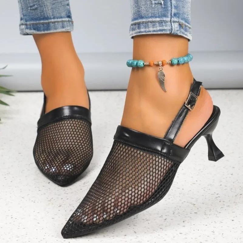 Shoes for Women 2024 Mesh Slip-on Women's High Heels Summer High Heel Pump Women Pointed Toe Slingbacks Heeled Sandals