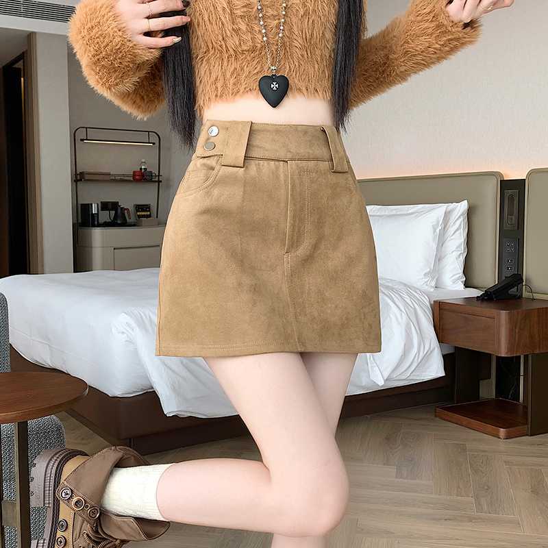 Deerskin velvet short skirt women's autumn brown skirt high waist hip skirt Trendy High Waist Khaki Mini Skirt