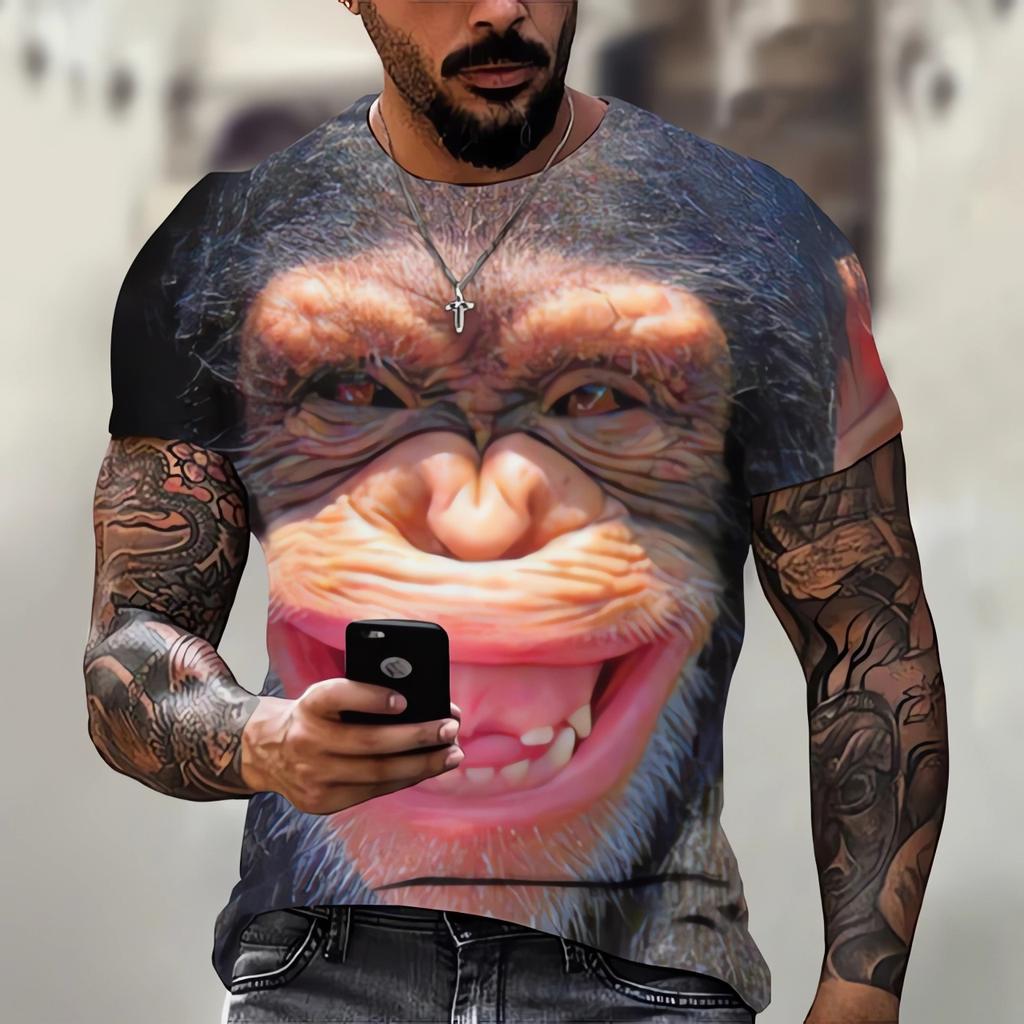 Nueva camiseta para hombre, moda 3D, estampado de mono, camiseta casual de verano de manga corta, ropa divertida para hombre, cuello redondo, suelta, de gran tamaño