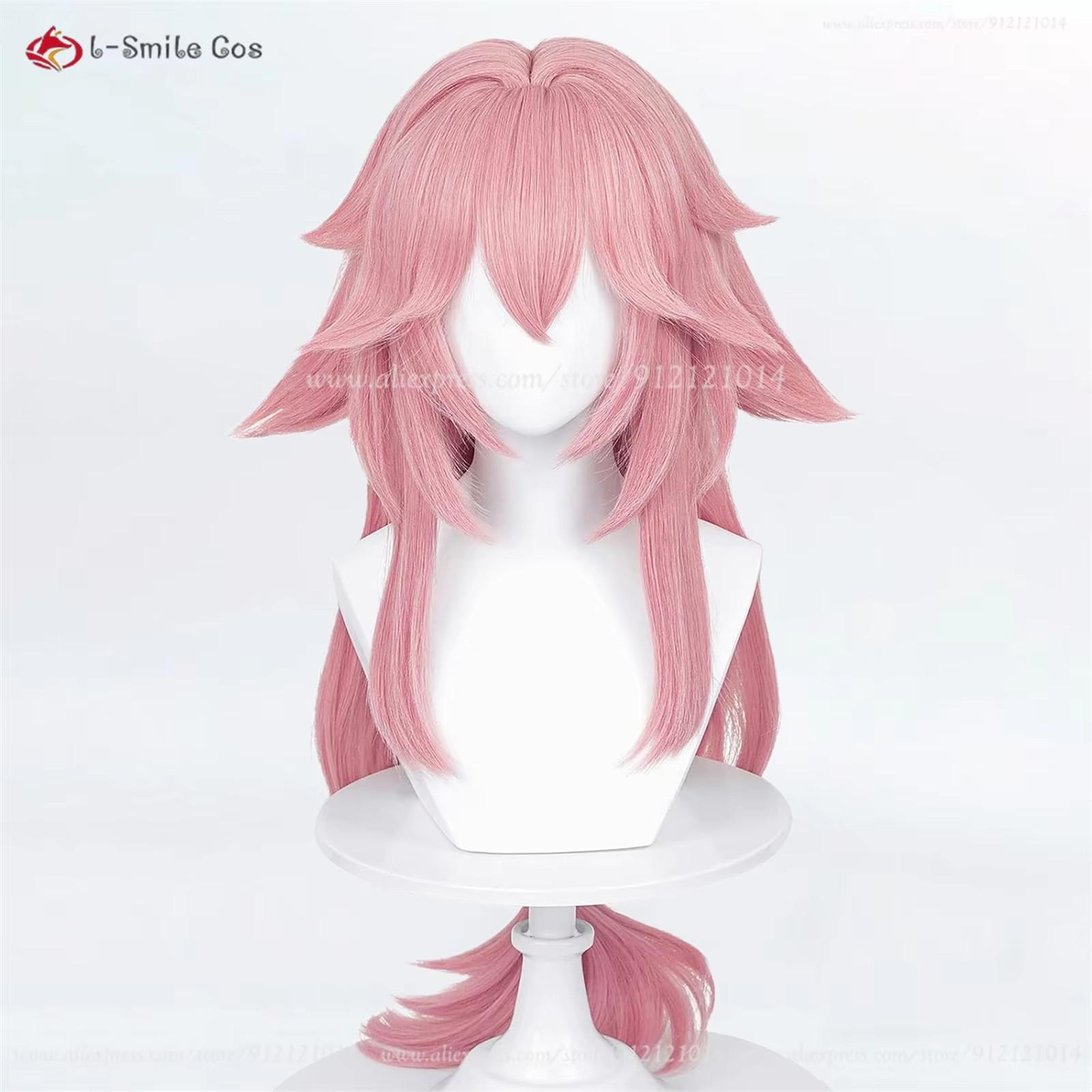 Hoge Kwaliteit Anime Yae Miko Cosplay Pruik 85cm Lang Roze Damespruiken Hittebestendig Synthetisch Haar Halloween Feestpruik + Pruikenkapje pink