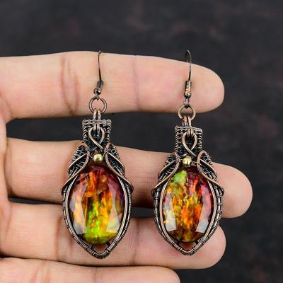 Boucles d'oreilles en ammolite à facettes Boucles d'oreilles enveloppées de fil de cuivre Bijoux en cuivre faits à la main Boucles d'oreilles en pierres précieuses véritables Bijoux tissés en fil de fer Boucle d'oreille avec pierre de naissance