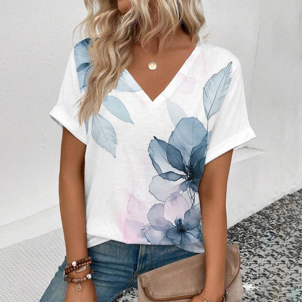 Modisches und einfaches, übergroßes, bequemes T-Shirt-Design für den Sommer, inspiriert vom geometrischen Muster, bedrucktes Damen-Oberteil mit V-Ausschnitt