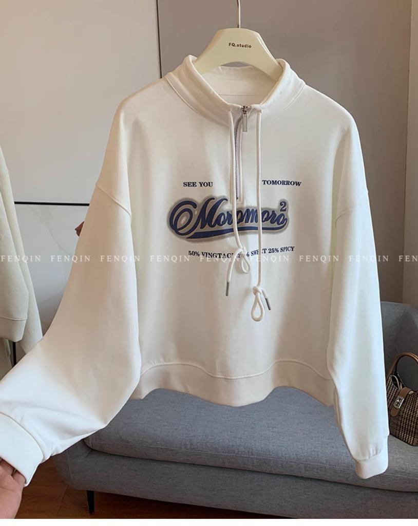 Plus Size European High Waist Stand Collar Sweatshirt for Women - 2025 Spring/Autumn, New Loose Slimming Short Top