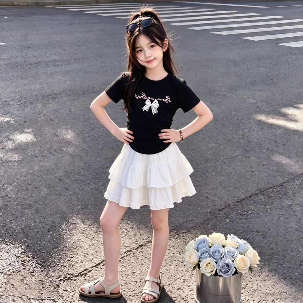 Summer Sweet Cartoon Bow Short Sleeve Two Piece Cake Dress Set
