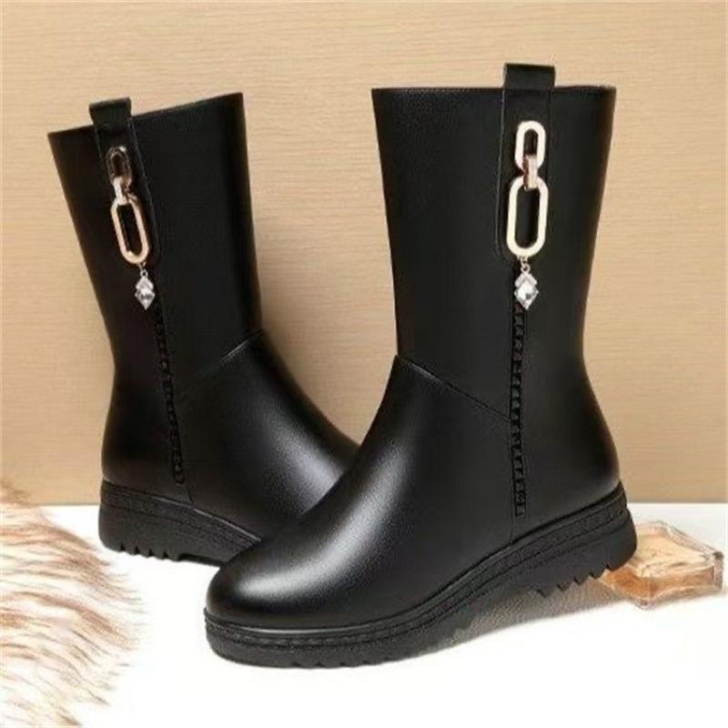 Women's medium boots autumn and winter new velvet cotton boots metal accessories black thick-soled wedge fashion boots