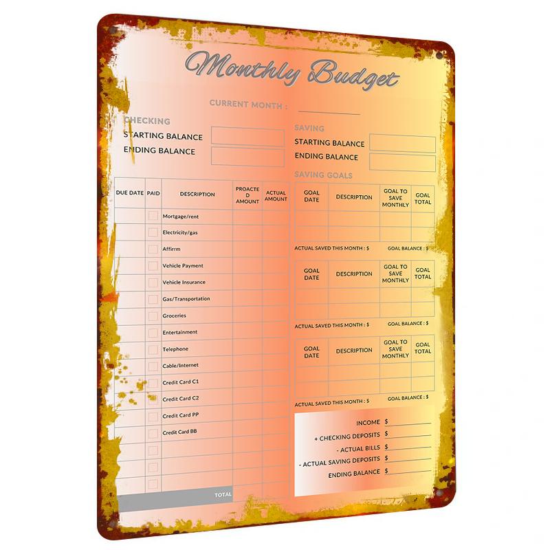 

Custom Monthly Budget Planning Metal Tin Sign Home Financial Management Tool Markable Income Expenses Multi Region Home Decor 20x30cm（7.8x11.8inch）