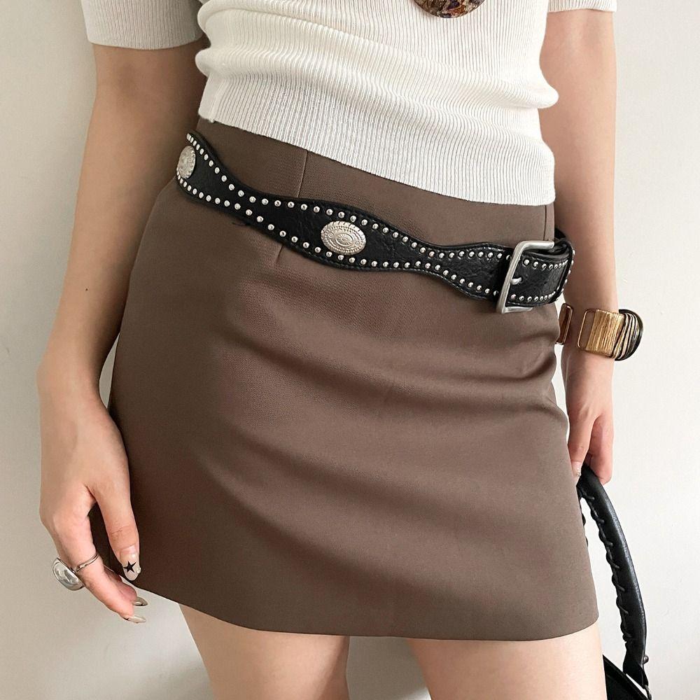 Y2k Wide Leather Waistband Maillard Punk Style Belt Retro Women Rivet Belt  Spicy Girls