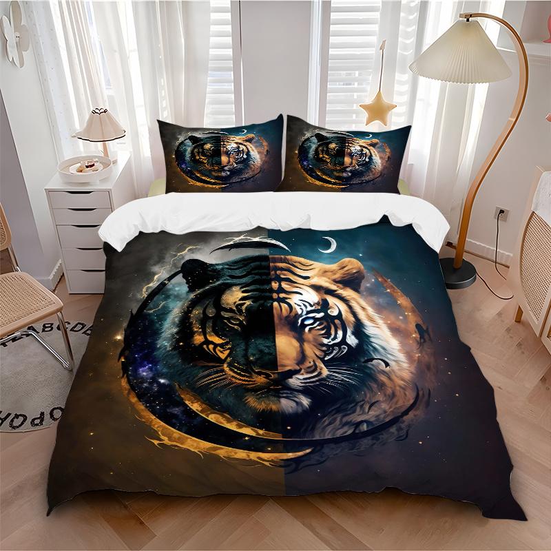3pcs Twilight Tiger Quilt Set Cartoon Themed Bed Quilt Set Lovely Character Bedroom Decor Bed Quilt Set Four Seasons (1 Cover + 2Pillowcase NO Co